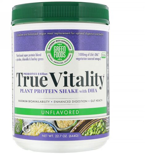 Green Foods, True Vitality、プラント・プロテイン・シェイク、 DHA配合、味付け無し、22.7 oz (644 g) (Discontinued Item)