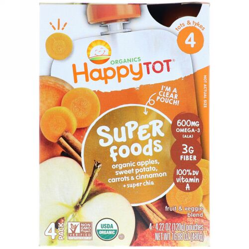 Happy Family Organics, ハッピートット, スーパーフード, オーガニックアップル, スイートポテト, キャロット＆シナモン＋スーパーチア, 4個, 各4.22オンス (120 g) (Discontinued Item)