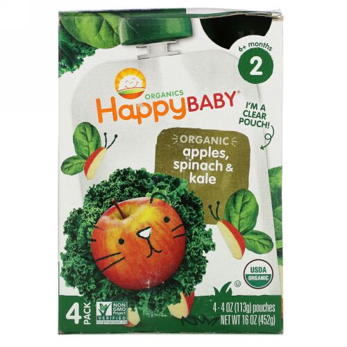 Happy Family Organics, オーガニック、ステージ2、シンプルコンボ、リンゴ、ほうれん草、ケール、4袋、各113g（4オンス）