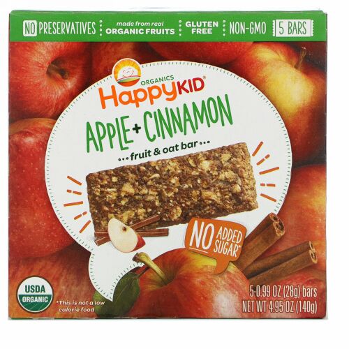 Happy Family Organics, ハッピーキッド、アップル+シナモン、フルーツ＆オーツーバー、5本、各0.99 oz (28 g)