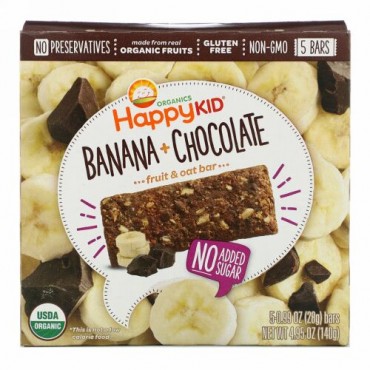 Happy Family Organics, ハッピーキッド、バナナ + チョコレート、フルーツ & オーツバー、5本、各0.99オンス (28 g) Each