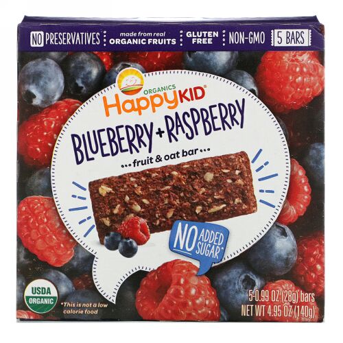 Happy Family Organics, ハッピーキッド、ブルーベリー+ラズベリー、フルーツ＆オーツーバー、5本 、各0.99 oz (28 g)