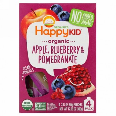 Happy Family Organics, Happy Kid（ハッピーキッズ）、オーガニックリンゴ、ブルーベリー、ザクロ、４袋、各90g（3.17オンス）