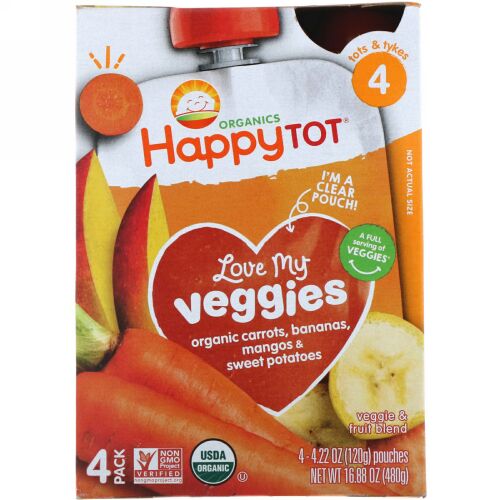 Happy Family Organics, オーガニック, ラブマイベジー, キャロット, バナナ, マンゴ＆スイートポテト, 4個, 各4.22オンス (120 g)