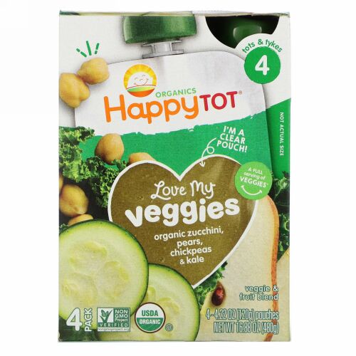Happy Family Organics, Happy Tot, Stage 4,  Love My Veggies, Organic  Zucchini, Pears, Chickpeas & Kale, 4 Pouch, 4.22 oz (120 g) Each