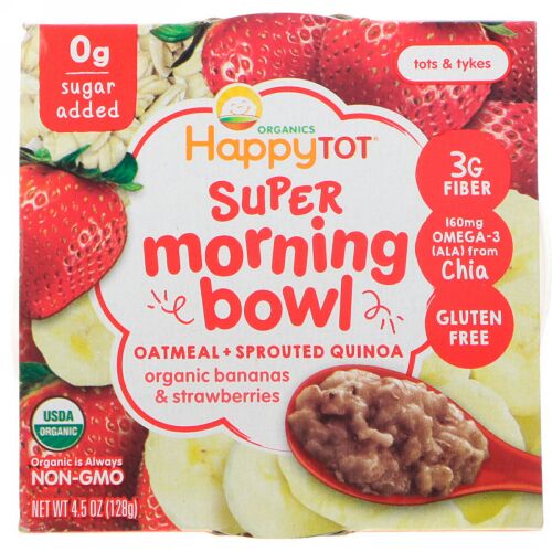 Happy Family Organics, ハッピートット、スーパーモーニングボウル、オートミール + 発芽キヌア、オーガニックバナナ＆ストロベリー、4.5オンス (128 g) (Discontinued Item)