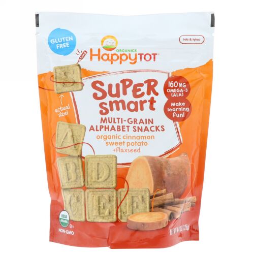 Happy Family Organics, ハッピートット、スーパースマート、マルチグレインアルファベットスナック、オーガニックシナモンスイートポテト +フラックスシード、4.4オンス (125 g) (Discontinued Item)