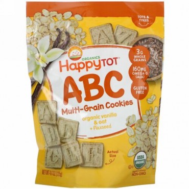 Happy Family Organics, ハッピートット、スーパースマート、マルチグレインアルファベットスナック、オーガニックバニラオーツ + フラックスシード、4.4オンス (125 g)