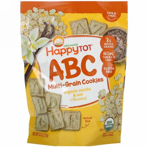Happy Family Organics, ハッピートット、スーパースマート、マルチグレインアルファベットスナック、オーガニックバニラオーツ + フラックスシード、4.4オンス (125 g)
