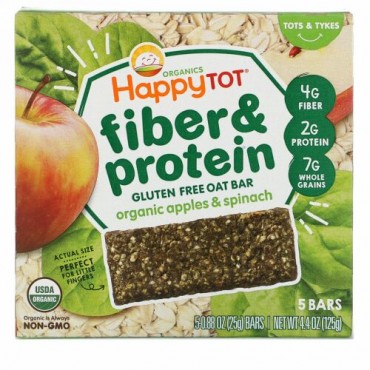 Happy Family Organics, ハッピートット、ファイバー＆プロテイン・ソフトベイクド・オーツバー、オーガニック・リンゴ、ホウレンソウ、5本、0.88オンス（25g）