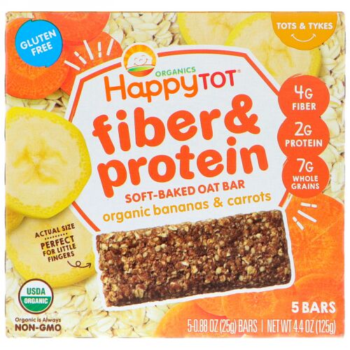 Happy Family Organics, Happytot, Fiber & Protein Soft- Baked Bar, Organic Bananas & Carrots, 4.4 oz, 5 Bars