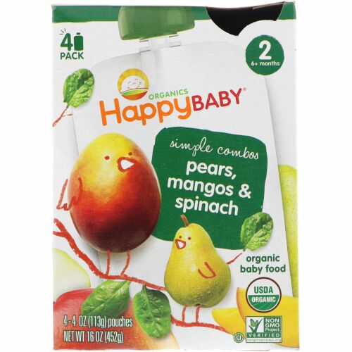 Happy Family Organics, Organic Baby Food, Pears, Mangos & Spinach, Stage 2, 6+ Months, 4 Pack - 4 oz (113 g) Each (Discontinued Item)