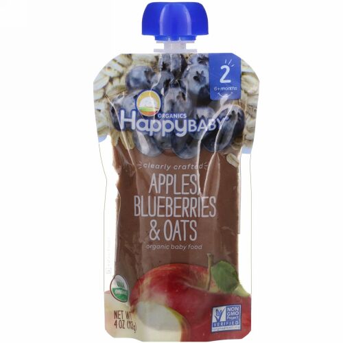 Happy Family Organics, オーガニック・ベイビーフード、ステージ2、生後6ヶ月～、りんご・ブルーベリー・オーツ、4.0オンス（113g）