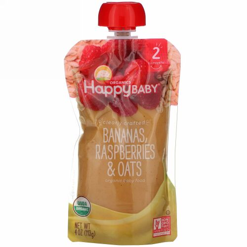 Happy Family Organics, オーガニックベビーフード、ステージ2、クリアクラフト、6ヶ月以上、バナナ、ラズベリー＆オーツ、4オンス（ 113g ）