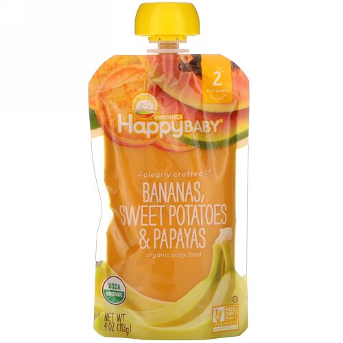 Happy Family Organics, Organic Baby Food, Stage 2, Clearly Crafted, 6+ Months, Bananas, Sweet Potatoes, & Papayas, 4 oz (113 g)