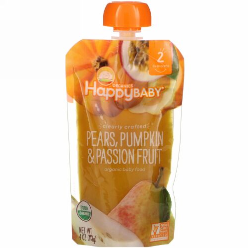 Happy Family Organics, オーガニック・ベイビーフード、ステージ2、生後6ヶ月～、梨・カボチャ・パッションフルーツ、4.0オンス（113 g）