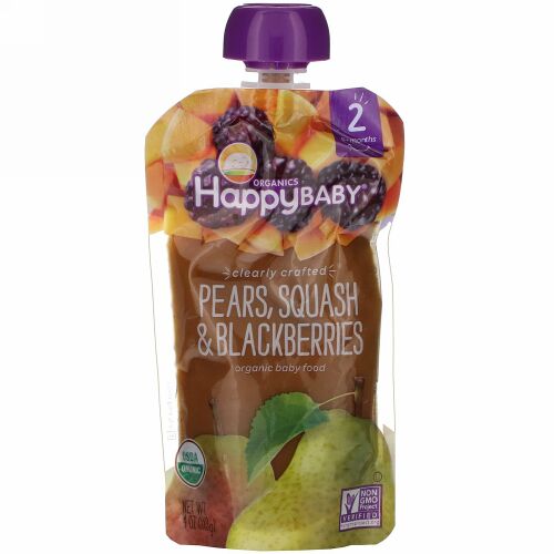 Happy Family Organics, Organic Baby Food, Stage 2, Clearly Crafted, 6+ Months, Pears, Squash & Blackberries, 4 oz (113 g)