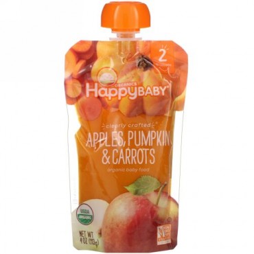 Happy Family Organics, オーガニックベビーフード、ステージ2、ていねいな加工、6か月以上対象、リンゴ、カボチャ、ニンジン、113g（4オンス）