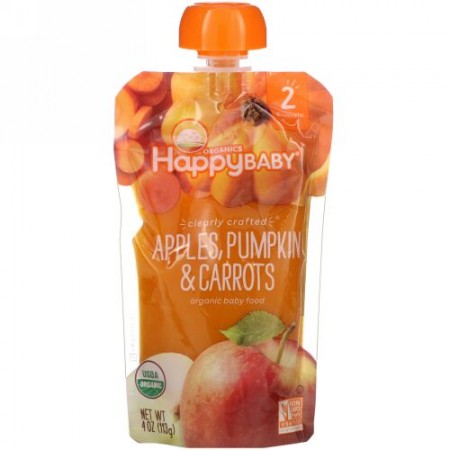 Happy Family Organics, オーガニックベビーフード、ステージ2、ていねいな加工、6か月以上対象、リンゴ、カボチャ、ニンジン、113g（4オンス）