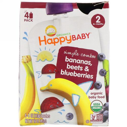 Happy Family Organics, オーガニックベビーフード, バナナ, ビート＆ブルーベリー, 4個, 各4オンス (113 g) (Discontinued Item)