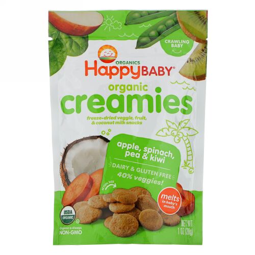 Happy Family Organics, Organic Creamies, Freeze-Dried Veggie, Fruit ＆ Coconut Milk Snacks, Apple, Spinach, Pea ＆ Kiwi, 1oz（28g）