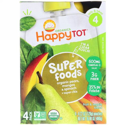 Happy Family Organics, オーガニックハッピートット, スーパーフード, オーガニックペア, マンゴ＆スピナッチ＋スーパーチア, ステージ4, 4パック, 各4.22オンス (120 g) (Discontinued Item)