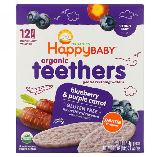 Happy Family Organics, オーガニックティーザー、ジェントルティーシングウエハース、お座りができる赤ちゃん用、ブルーベリーと紫ニンジン、12パック、各4 g