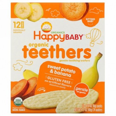 Happy Family Organics, オーガニックティーザー、ジェントルティーシングウエハース、お座りができる赤ちゃん用、サツマイモとバナナ、12パック、各4 g