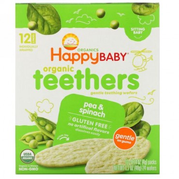 Happy Family Organics, オーガニックティーザー、ジェントルティージングウエハース、お座りができる赤ちゃん用、エンドウ豆とほうれん草、12パック、各4 g