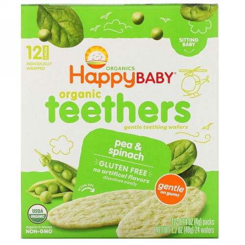 Happy Family Organics, オーガニックティーザー、ジェントルティージングウエハース、お座りができる赤ちゃん用、エンドウ豆とほうれん草、12パック、各4 g