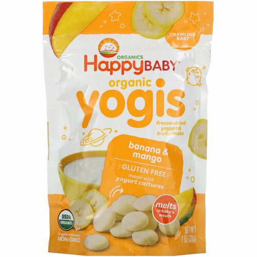 Happy Family Organics, オーガニックヨーギス、フリーズドライヨーグルト & フルーツスナック、バナナ & マンゴー、1オンス (28 g)