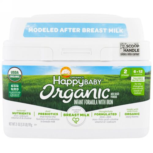 Happy Family Organics, オーガニックス ハッピー ベビー、鉄分入り乳幼児用フォーミュラ、ステージ2、6～12か月、21 oz (595 g)