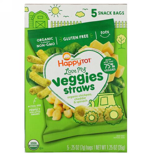 Happy Family Organics, オーガニックス・ハッピートット、野菜大好き、ひよこ豆の蔓スナックバッグ、オーガニックチェダー＆ホウレンソウ、5袋、各0.25 オンス (7 g) (Discontinued Item)