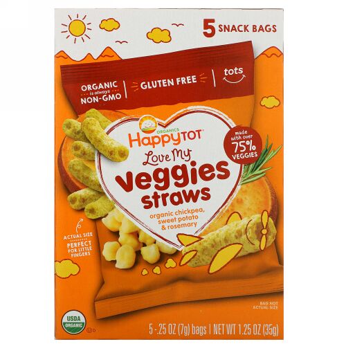 Happy Family Organics, オーガニックハッピートット、ラブマイベジー、ヒヨコマメストロースナックバッグ、オーガニックスイートポテト&ローズマリー、5袋、1袋当たり0.25 oz (7 g) (Discontinued Item)