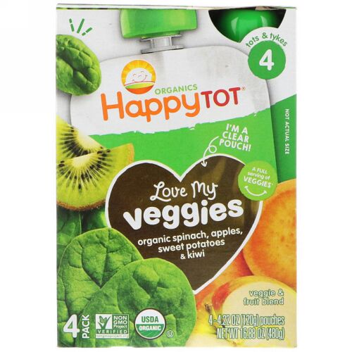 Happy Family Organics, オーガニックハッピートット、ラブマイベジー、ホウレンソウ、リンゴ、サツマイモ、キウイ、4袋、各4.22 oz (120 g) (Discontinued Item)