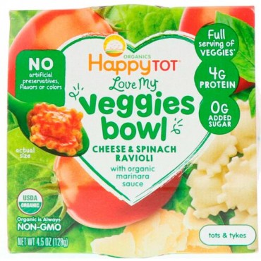 Happy Family Organics, オーガニックハッピートット、ラブマイベジボウル、チーズ & ほうれん草ラビオリ、4.5オンス (128 g) (Discontinued Item)