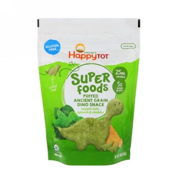 Happy Family Organics, オーガニックハッピートット、スーパーフード、古代穀物恐竜パフスナック、オーガニックケール、ほうれん草とチェダー、1.48オンス (42 g) (Discontinued Item)