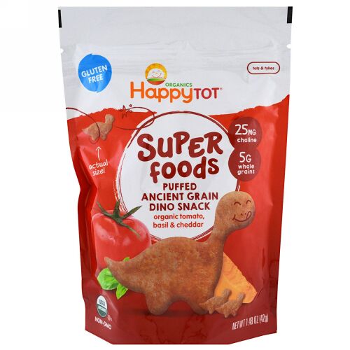Happy Family Organics, オーガニック ハッピー トット、スーパーフード、恐竜シェイプの古代穀物スナックパフ、オーガニック トマト バジル & チェダー、1.48 oz (42 g) (Discontinued Item)
