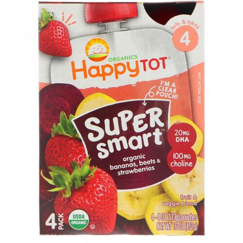 Happy Family Organics, オーガニックス ハッピー トット、スーパー スマート、フルーツ & ベジ ブレンド、ステージ4、オーガニック バナナ ビーツ & ストロベリー、パウチ4個、各4 oz (113 g) (Discontinued Item)