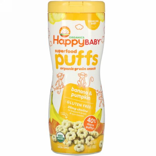 Happy Family Organics, スーパーフードパフ、オーガニック穀物スナック、バナナ＆カボチャ、60g（2.1オンス）