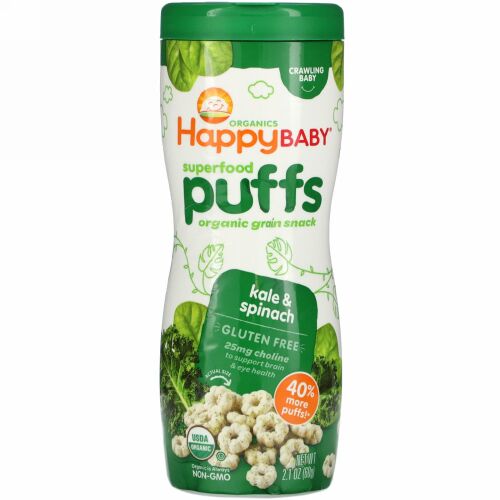 Happy Family Organics, スーパーフードパフ、オーガニック穀物スナック、ケール＆ホウレンソウ、60g（2.1オンス）
