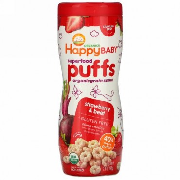 Happy Family Organics, スーパーフードパフ、オーガニック穀物スナック、ストロベリー＆ビート、60g（2.1オンス）