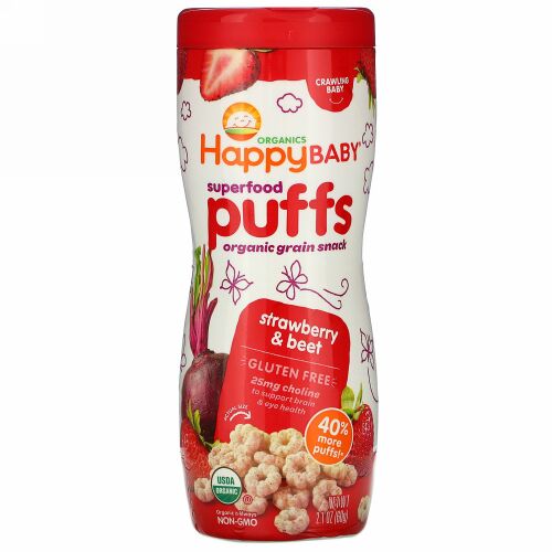 Happy Family Organics, スーパーフードパフ、オーガニック穀物スナック、ストロベリー＆ビート、60g（2.1オンス）