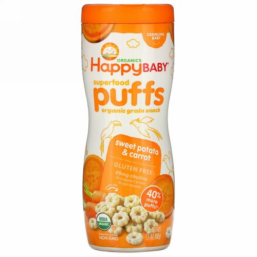 Happy Family Organics, スーパーフードパフ、オーガニック穀物スナック、サツマイモ＆ニンジン、60g（2.1オンス）