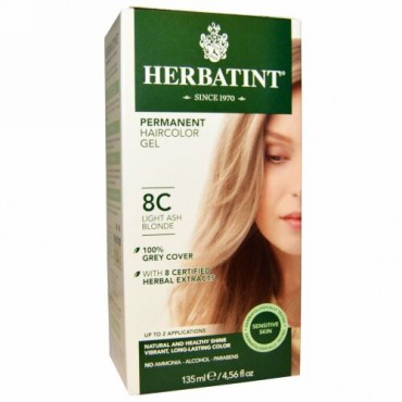 Herbatint, パーマネントへアカラージェル（Permanent Haircolor Gel）, 8C, 薄い灰色がかったブロンド（Light Ash Blonde）, 4.56液量オンス（135 ml）