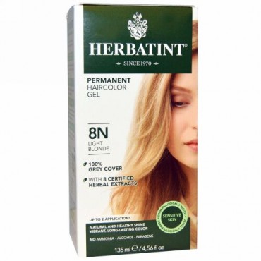 Herbatint, パーマネント ハーブへアカラージェル（Permanent Herbal Haircolor Gel）, 8N, 薄いブロンド（Light Blonde）, 4.56液量オンス（135 ml）