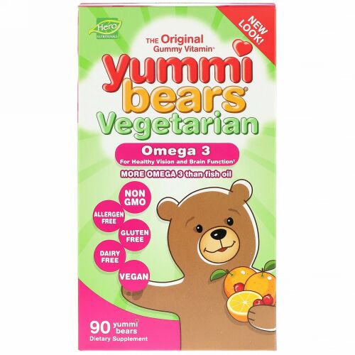 Hero Nutritional Products, ヤミーベアーズ、植物ベースのオメガ3、天然フルーツ味、グミベアー90粒