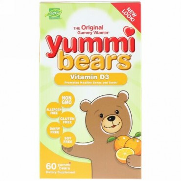 Hero Nutritional Products, ヤミーベアーズ、ビタミンD3、すべて天然のフルーツ味、600IU、グミベアー60粒 (Discontinued Item)