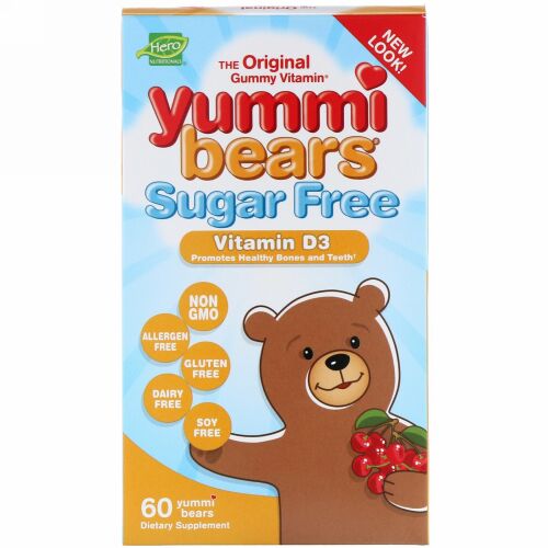 Hero Nutritional Products, ヤミーベアーズ、ビタミンD3、無糖、天然のチェリー味、1000 IU、グミベア60粒 (Discontinued Item)