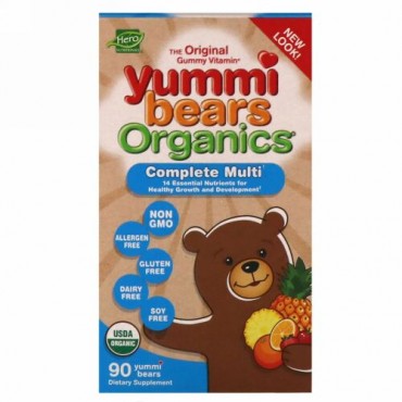 Hero Nutritional Products, Yummi Bears Organics, Complete Multi, Organic Strawberry, Orange and Pineapple Flavors, 90 Yummi Bears